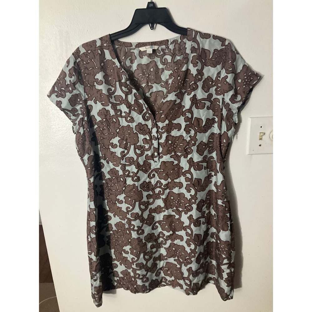 Boden Silk Tunic Dress Blue Brown Floral Scroll V-Neck Short Sleeve US 16 UK 20